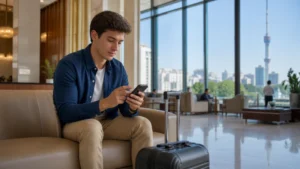 Traveller troubleshooting a smartphone in a Tashkent hotel.