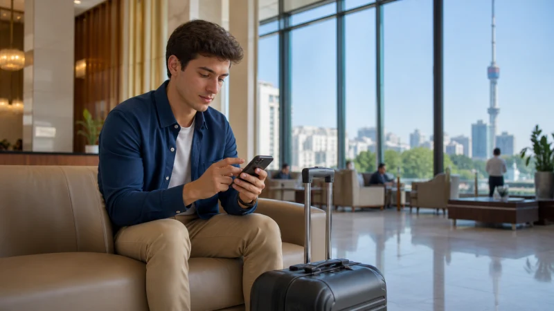 Traveller troubleshooting a smartphone in a Tashkent hotel.