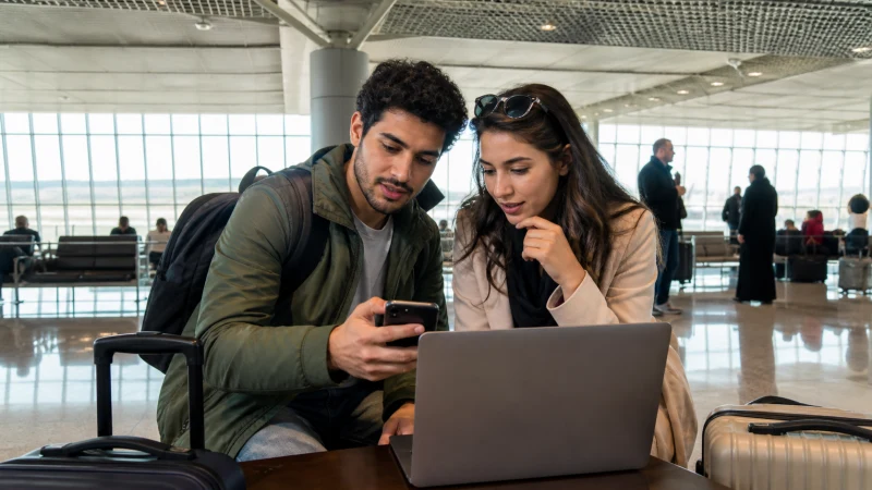 Traveller comparing eSIM and airport WiFi in Algeria