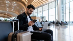 Traveller comparing an eSIM with airport Wi-Fi in Azerbaijan