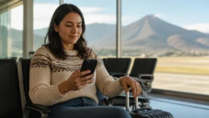 Traveller using a smartphone while waiting at an airport in Bolivia