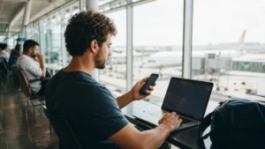 Traveller using a smartphone in Brazil for esim vs airport wifi brazil