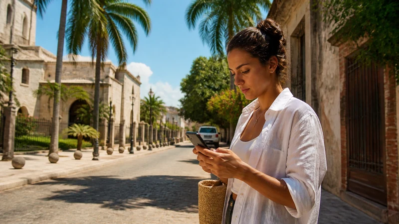 Traveller using a smartphone in the Dominican Republic for esim vs airport wifi dominican republic