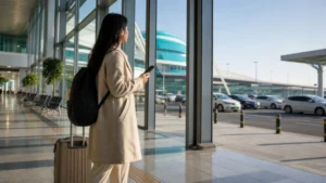 Arriving passenger using a smartphone while leaving a Kazakhstan airport terminal.