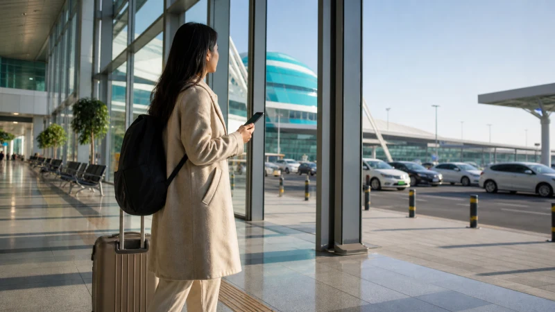 Arriving passenger using a smartphone while leaving a Kazakhstan airport terminal.