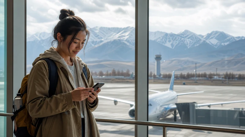 Traveller using a smartphone in Kyrgyzstan for esim vs airport wifi kyrgyzstan