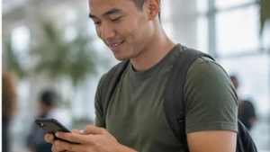 Traveller using a smartphone in Mauritius while researching mauritius esim vs airport wi-fi: which is more reliable?