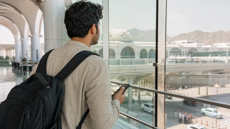 Traveller using a smartphone during traveller comparing eSIM and airport Wi-Fi in Oman