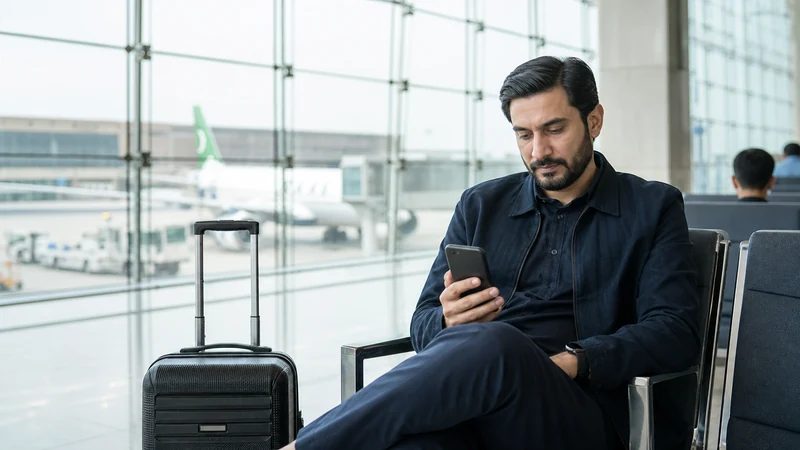 Traveller comparing eSIM data and airport Wi-Fi in Pakistan