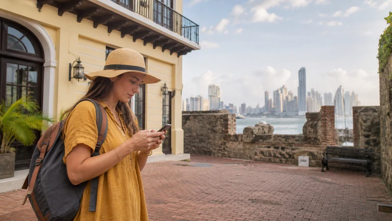 Traveller using a smartphone in Panama for esim vs airport wifi panama