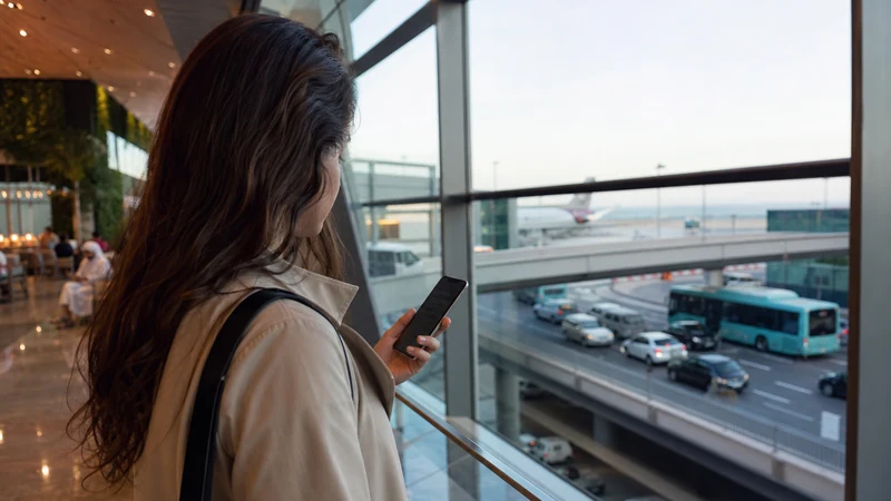 Traveller using a smartphone in traveller with phone overlooking both airport concourse and departing transport