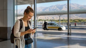 Traveller using a smartphone for esim vs airport wi-fi in tajikistan: arrival comparison