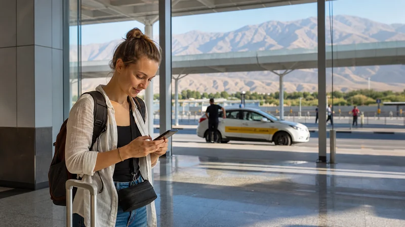Traveller using a smartphone for esim vs airport wi-fi in tajikistan: arrival comparison