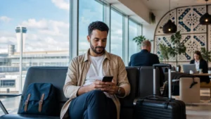 Traveller using a smartphone for eSIM Vs Airport Wi-Fi Tunisia in Tunisia