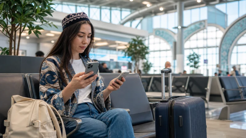 Arriving traveller comparing mobile data and airport Wi-Fi