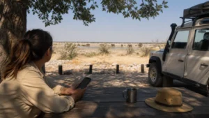 Traveller using a smartphone in Namibia while preparing for mobile coverage in Etosha National Park