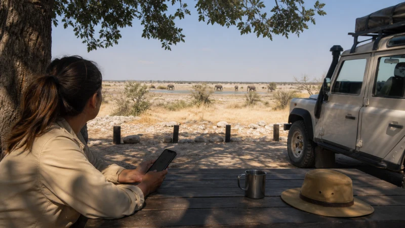 Traveller using a smartphone in Namibia while preparing for mobile coverage in Etosha National Park