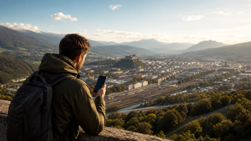 Traveller checking a smartphone above a varied European landscape.
