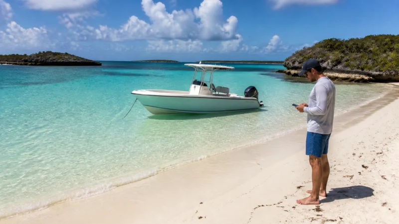 Boat traveller checking a smartphone on a beach in the Exuma Cays