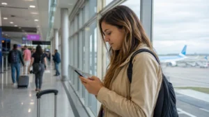 Traveller using a smartphone in Argentina for setting up your esim after landing at ezeiza