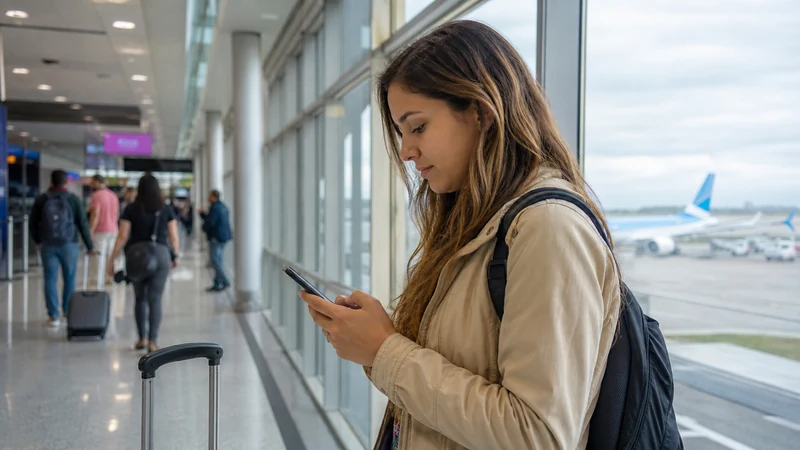 Traveller using a smartphone in Argentina for setting up your esim after landing at ezeiza