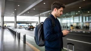 Traveller using a smartphone in Argentina for how to stay online during an ezeiza connection