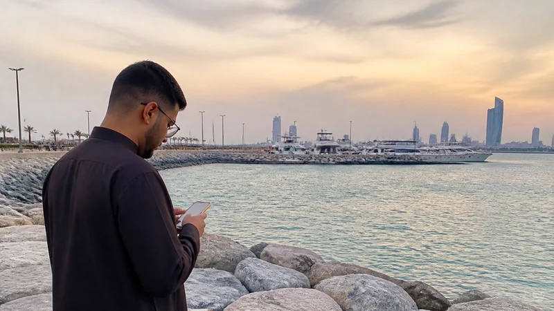 Traveller using a smartphone in a Kuwait setting related to how to stay online in fahaheel