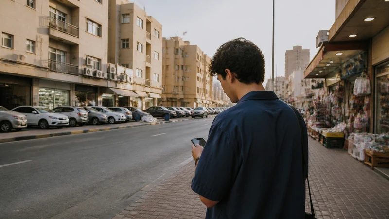Traveller using a smartphone in a Kuwait setting related to staying connected in farwaniya