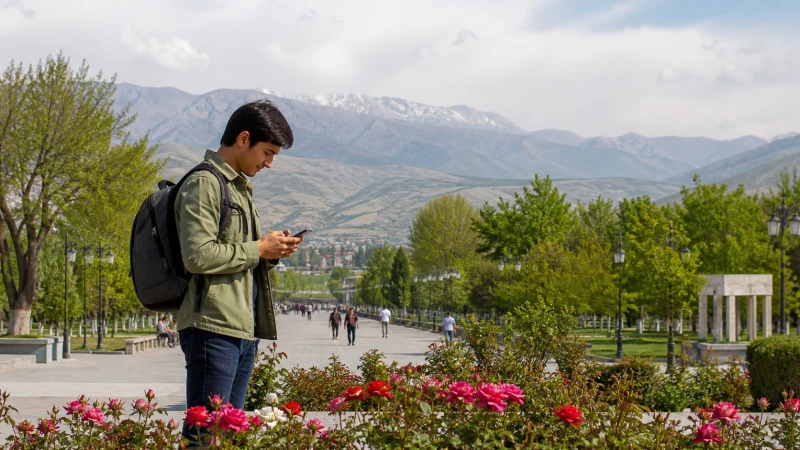 Traveller using a smartphone in green Fergana
