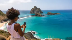 Traveller using a smartphone in Brazil for fernando de noronha mobile internet