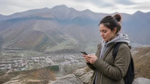 Traveller checking mobile internet in the Gabala mountains