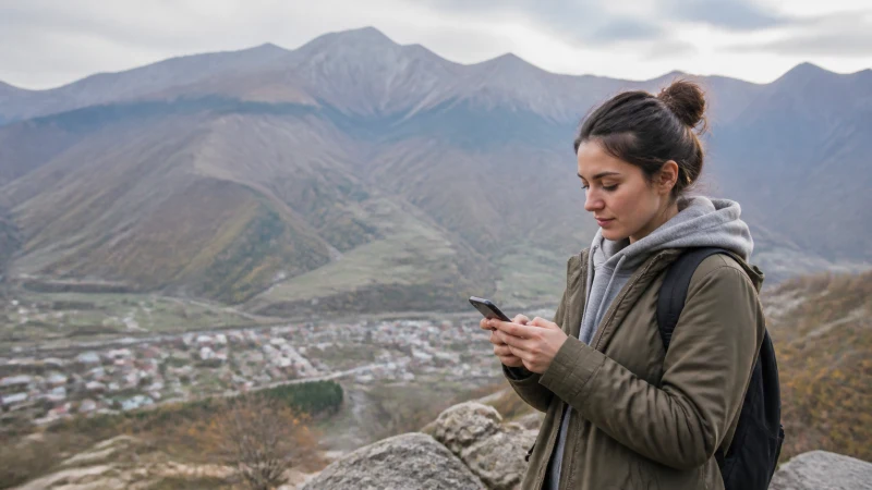 Traveller checking mobile internet in the Gabala mountains