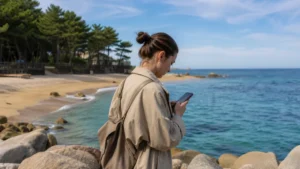 Traveller checking mobile data beside Gangneung beach