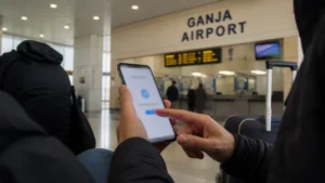 Traveller setting up an eSIM after landing at Ganja Airport