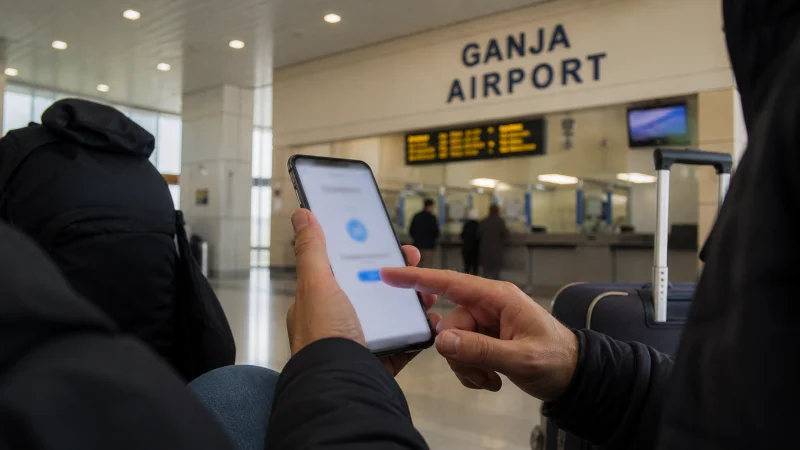 Traveller setting up an eSIM after landing at Ganja Airport