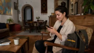 Backpacker using a smartphone in a Georgian guesthouse