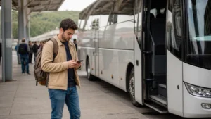 Traveller using a smartphone beside an intercity coach in Georgia