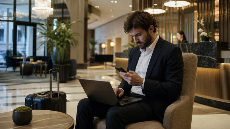 Business traveller using a smartphone and laptop in a Tbilisi hotel