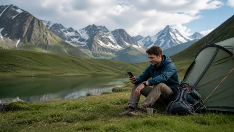 Camper checking a smartphone beside a tent in the Georgian mountains
