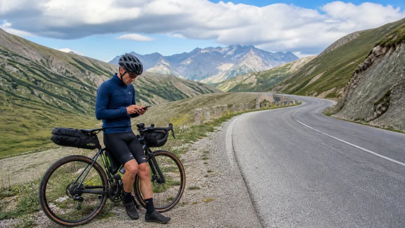 Touring cyclist checking smartphone navigation beside a Georgian road
