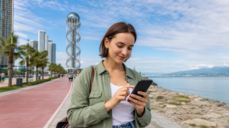 Traveller using a smartphone on the Batumi seaside boulevard