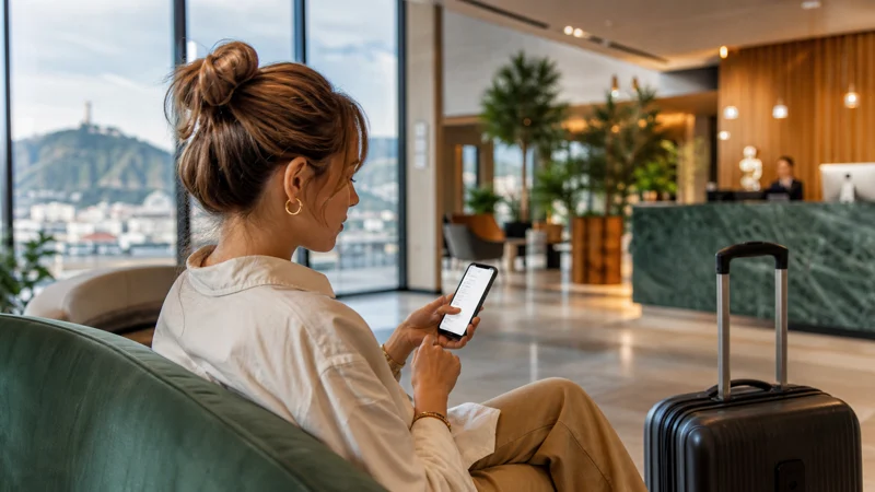 Traveller adjusting smartphone network settings in a Tbilisi hotel lobby