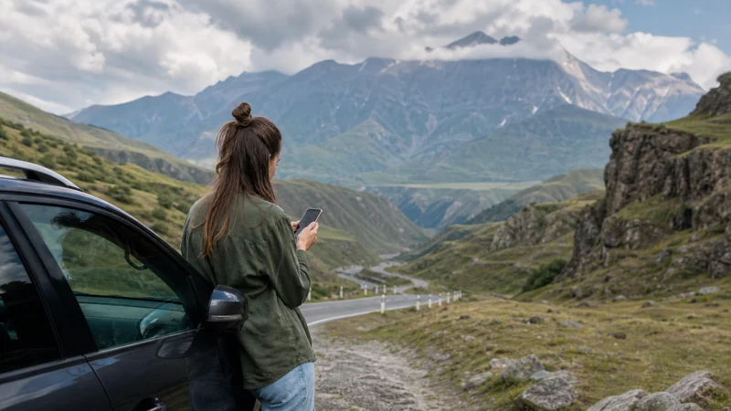 Road-trip traveller checking smartphone navigation in the Georgian Caucasus