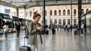 Traveller checking a smartphone itinerary at a Georgian transport hub