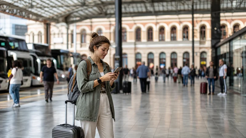 Traveller checking a smartphone itinerary at a Georgian transport hub
