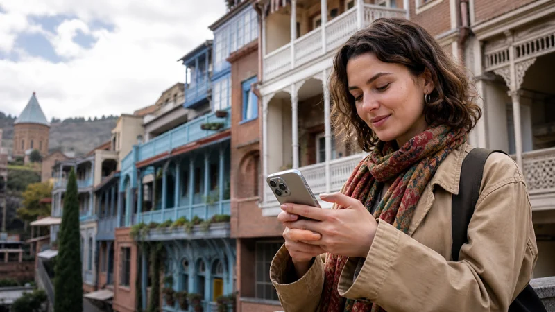 Traveller using a modern smartphone beside traditional Tbilisi balconies