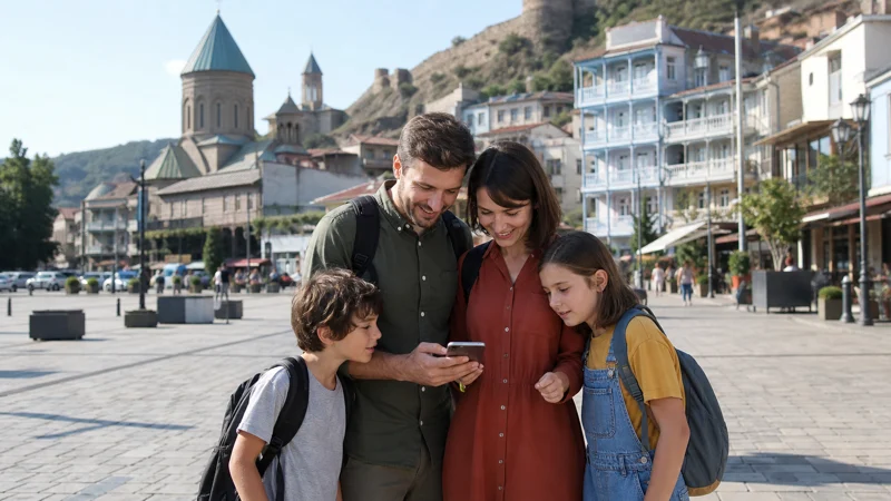 Family travellers checking a smartphone map in a Georgian city square