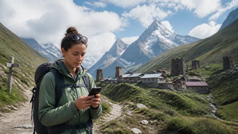 Hiker checking a smartphone at a Georgian Caucasus trailhead