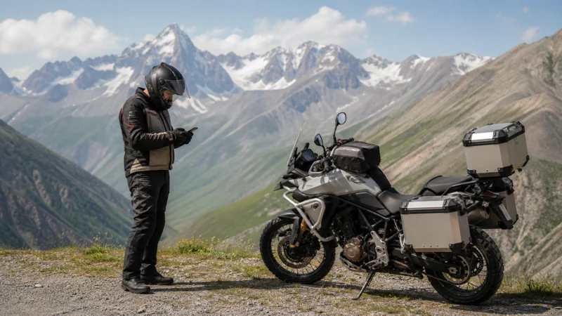Motorcycle traveller checking a smartphone at a Georgian mountain viewpoint