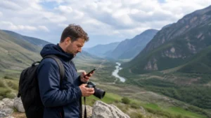 Travel photographer using a camera and smartphone in Georgia